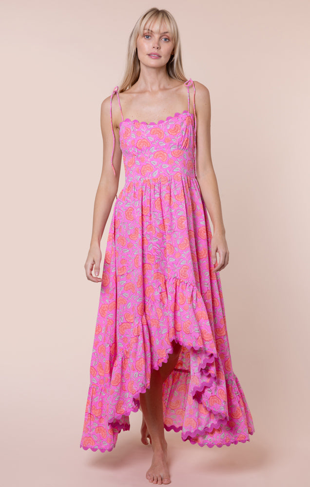 Floral Print Hi-Lo Dress With Ric Rac Trim - Fuchsia/Neon Red