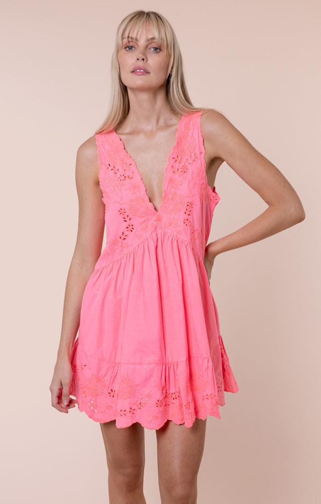 Poplin V-Back Mini Dress With Scallop Embroidery - Watermelon