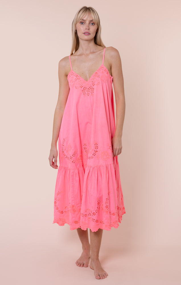 Poplin V-Neck Midi Dress With Scallop Embroidery - Watermelon