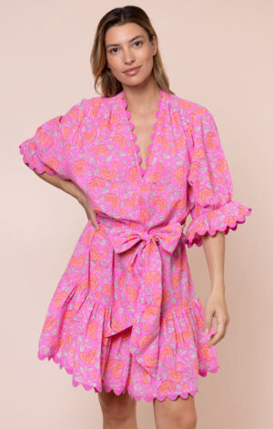 Floral Print Tie Waist Mini Dress With Ric Rac Trim - Fuchsia/Neon Red